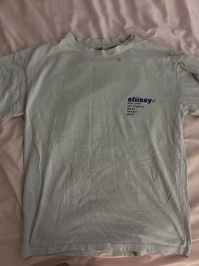 Stussy white T-Shirt with Blue Logo and strawberry
